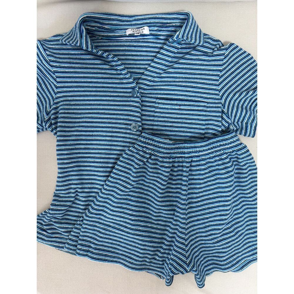 Frankies Bikinis Coco Striped Terry Button Up Shirt and Shorts Set - Picture 4 of 10